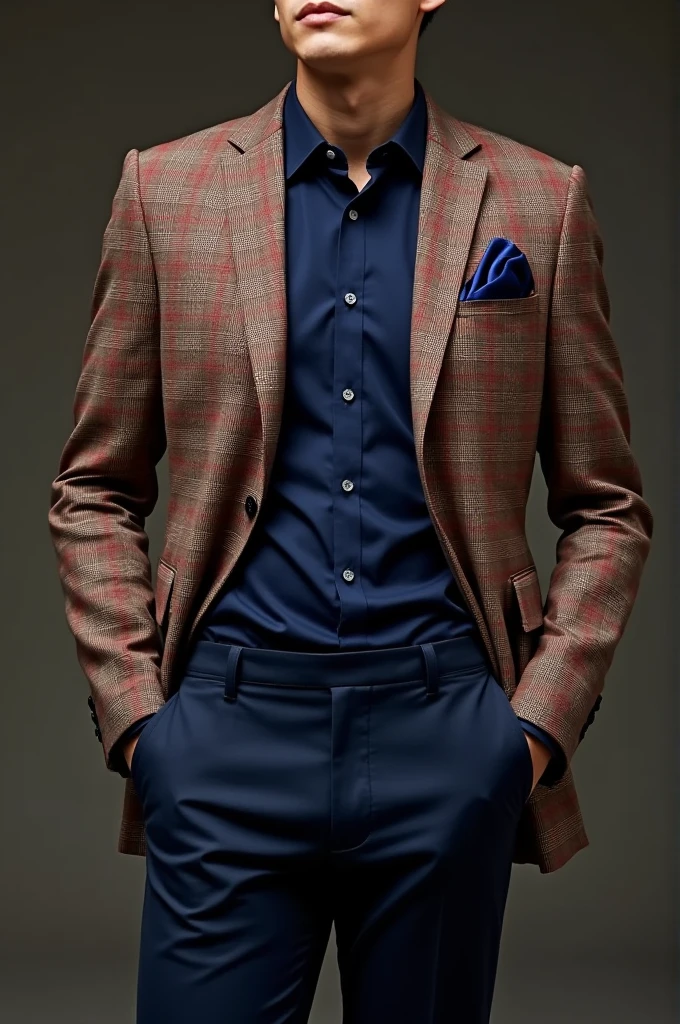 4CBB17 colored single breasted check suit with navy blue pant and navy blue shirt