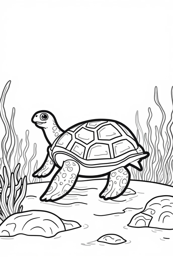 Black and White Outline Art for , Sea Turtle Coloring Book Page, Coloring Page for Kidsll White, Kids StyWhite Background Full Body, (((((white background))))) , use only outline, cartoon style, line art, coloring book, clean line art, white background, seabed with torches and anemones, white background, clean line, for coloring, children's ebook froggin adventures coloring book