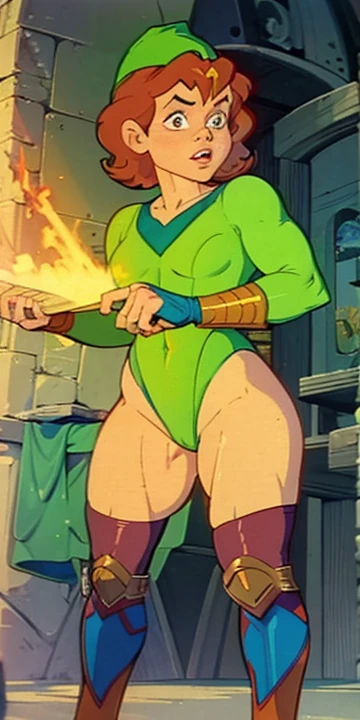 a redhead cartoon character, wonder woman outfit, green leotard, very muscular,  male wizard, 1980s cartoon, animated episode still, Presto (((mad))), ((Wears a wizard hat))