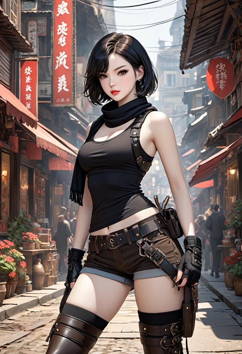 ((best quality)), ((artwork)), ((extremely detailed face)), ((perfect lighting)), ((extremely detailed CG)), ((perfect hands, perfect anatomy)) Appearance= 24 y.o; 5’7” tall; short, straight, black bob hair; brown eyes, pale skin, plump lips, slightly muscular, diamond face, hourglass body, dark painted nails
Personality= ISTP, femme fatale
Reputation= great professional
Occupation= mercenary
Clothing= short shorts, tank-top, thigh high boots, fingerless gloves, harness, scarf]