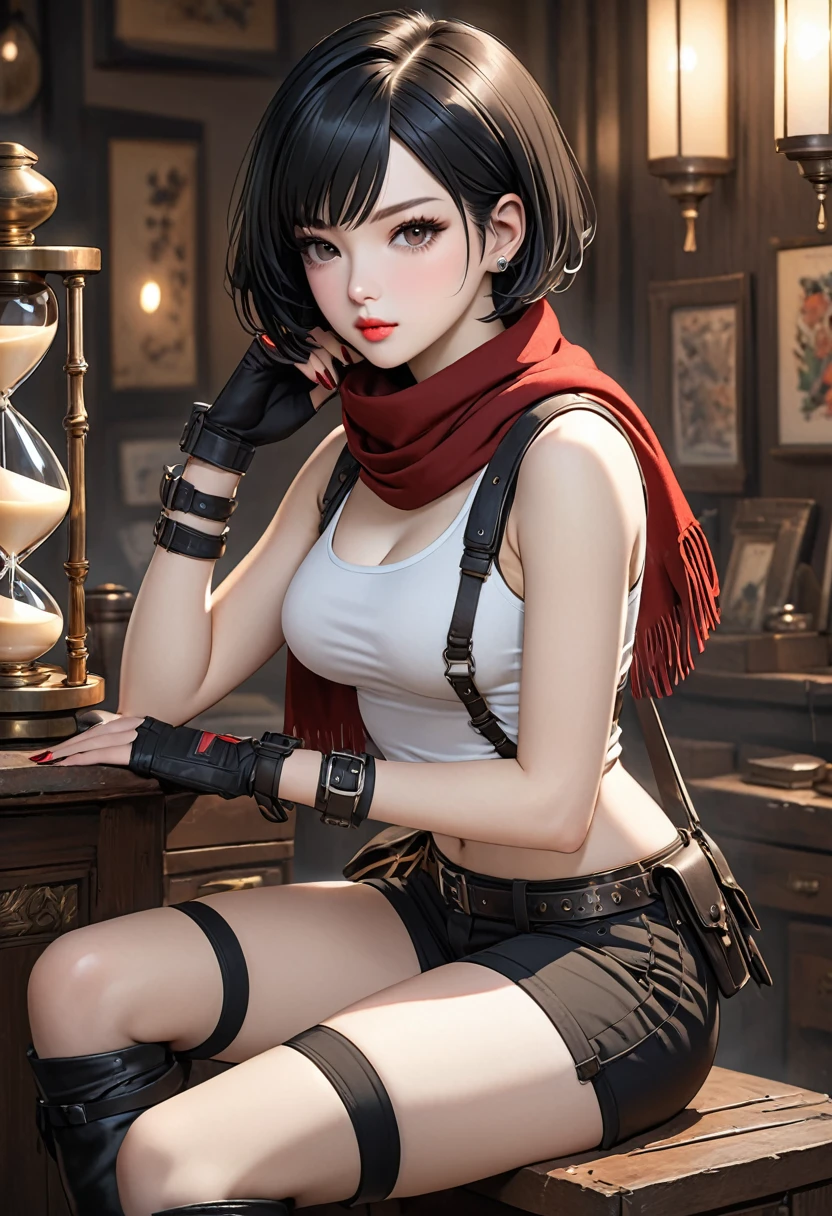 ((best quality)), ((artwork)), ((extremely detailed face)), ((perfect lighting)), ((extremely detailed CG)), ((perfect hands, perfect anatomy)) Appearance= 24 y.o; 5’7” tall; short, straight, black bob hair; brown eyes, pale skin, plump lips, slightly muscular, diamond face, hourglass body, dark painted nails
Personality= ISTP, femme fatale
Reputation= great professional
Occupation= mercenary
Clothing= short shorts, tank-top, thigh high boots, fingerless gloves, harness, scarf]