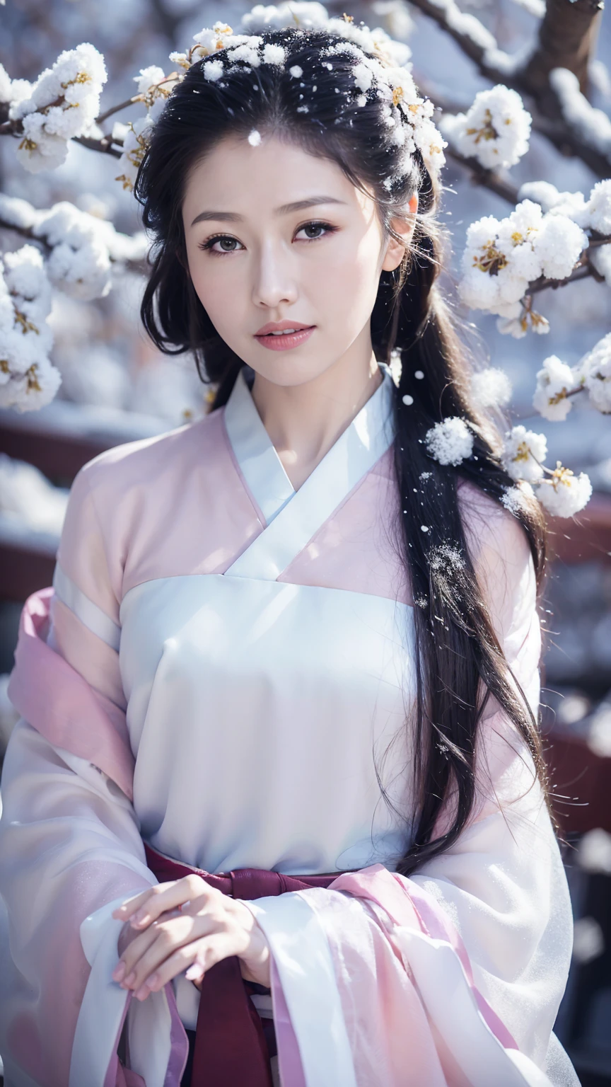 1 Fashion Model [[[[close up]]]], [[[[neck]]]], [[[[Shoulder]]]], (((Complete head)))，(((Complete hairstyle)))，Perfect eyes, Perfect Iris，Perfect lips，Perfect Teeth，Perfect skin，White skin，Soft headlights，High-density imaging，Black long hair，（Clean and delicate face），((Simple white Hanfu))，((Snow Scene))，((winter))，((Various dynamic poses))，((Snow and rime background))，((Plum blossoms covered with snow))，best quality，masterpiece，（Soft colors：1.2）