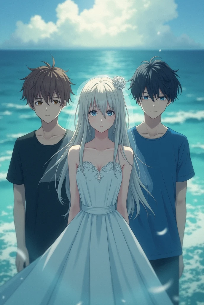 A girl with light hair and blue eyes dressed as a bride but her face looks somewhat sad, On one side is a boy with brown hair and dark eyes, on the other side is a boy with black hair and gray eyes., seaArt infinity the boys looking forward and adults looking mad sexy the boy on the left side dressed in blue and the other in black