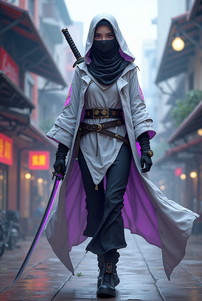 a female like ninja around , Muslim niqabis, mask her face, No hair. wearing tech armor cloak, cloak white combine with purple glowing color. purple eye color, white skin tone. add Mata Dragon at upper left screen, slim body, holding katana, cyberpunk, large size name tag named Sabrina, walking toward camera. she serious, Background at Malaysia