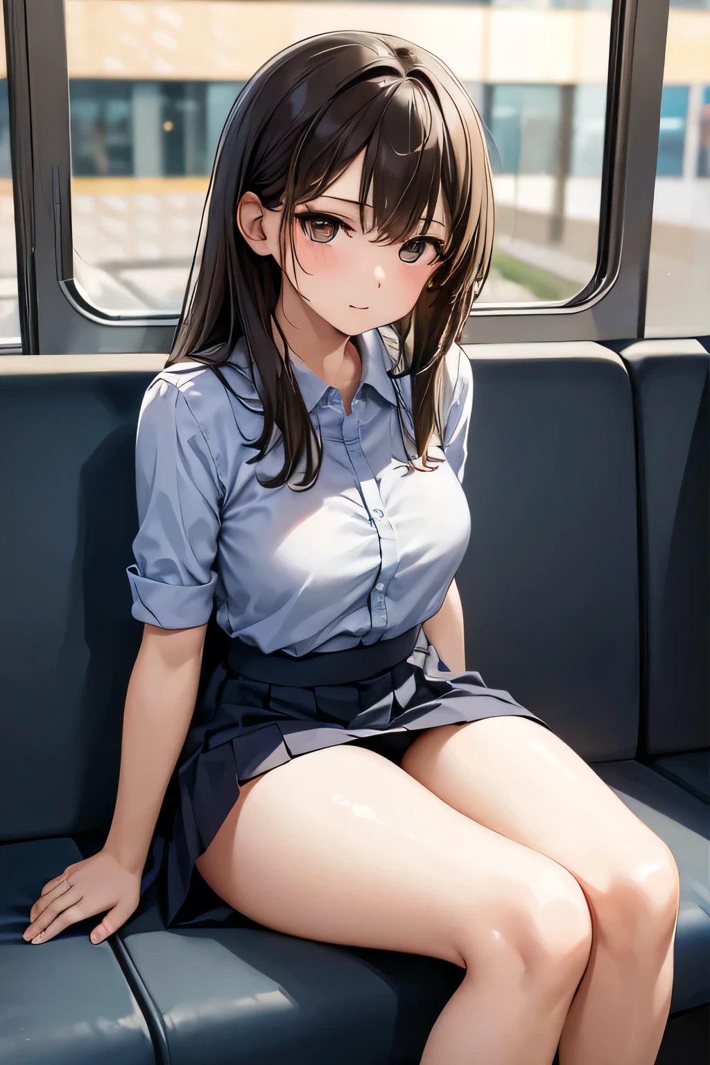 Woman sitting on train looking at mobile phone,masterpiece, Highest quality, High resolution,alone, Accurate human body、Knowledgeable person、Correct five-finger, skirt,Panty shot, Juicy legs, I can see your feet, Spread your legs, Beautiful legs, Long legs,, 細Long legs, Beautiful face with arms and legs, Full Leg