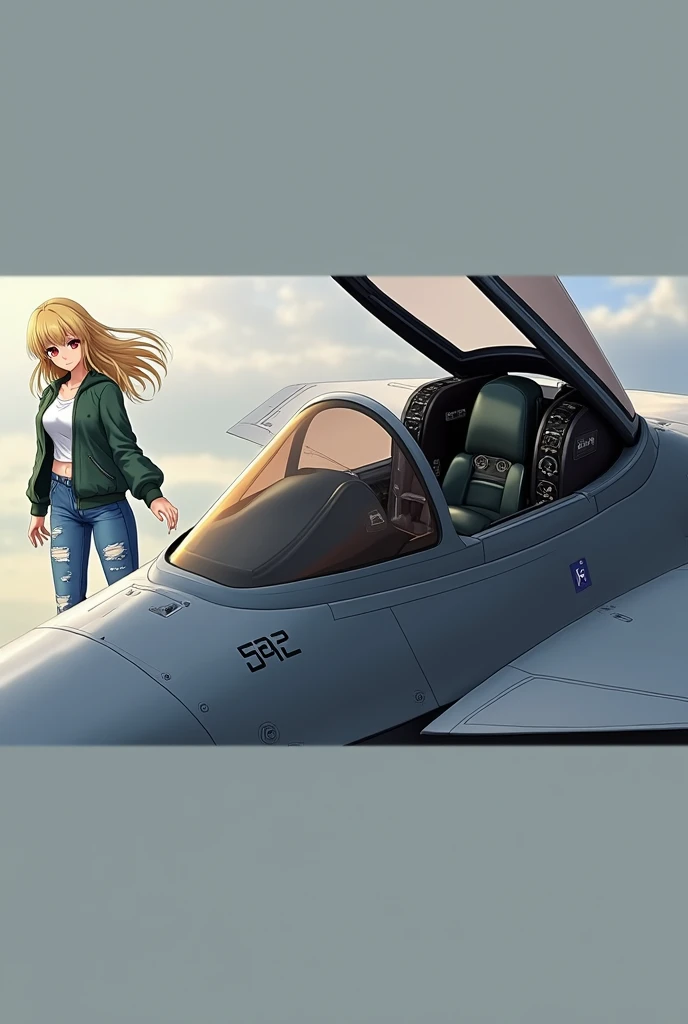 A beautiful adult  Japanese anime girl with blonde  hair and smooth  pale  skin with red eyes  she has medium sized chest and wears a white shirt with  blue ripped jeans and white  Beige sneakers and had a green bomber jacket on  with a grey  us  beside her (the inside of the jet has a dark green ejection seat  the l avionics  and  other buttons/switches visible in the cockpit the (she standing next to an f-22 raptor )