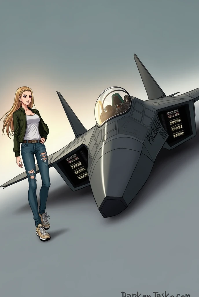A beautiful adult Japanese anime girl with blonde hair and smooth pale skin with red eyes she has medium sized chest and wears a white shirt with blue ripped jeans and white Beige sneakers and had a green bomber jacket on with a grey us beside her (the inside of the jet has a dark green ejection seat the l avionics and other buttons/switches visible in the cockpit the (she standing next to an f-22 raptor )