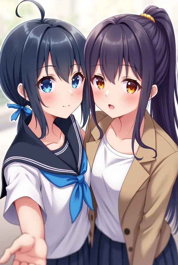 Please an image of a girl with pale skin, dark blue hair that she wears tied with vlaro blue ribbons in two low pigtails, the right one in front of her while the left rests behind her back, and blue eyes taking a selfie together. Girl with dark purple hair tied up in a long ponytail that reaches her thighs, with fine amber eyes. Wearing a school uniform consisting of a beige collared formal jacket along with a white t-shirt underneath.