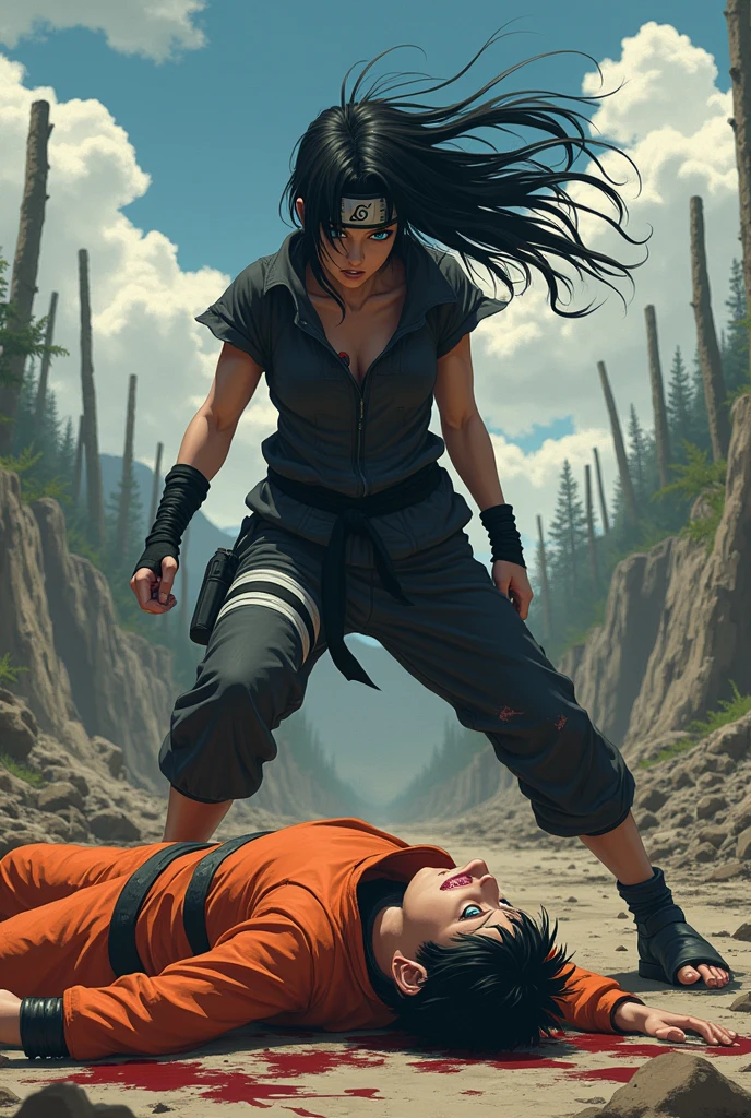 Create an image of Naruto dying at the hands of female Sasuke