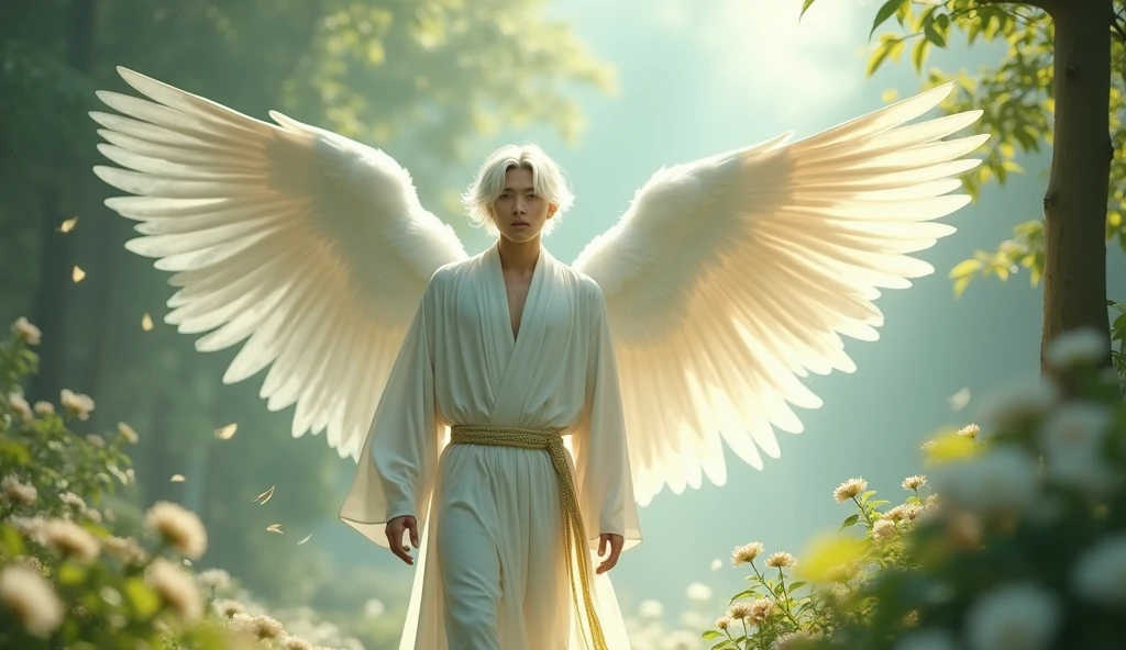 A gentle, white and gold-winged male pale white skinned, white hair, blue eyes, Asian Korean feature angel (simple design) - Soft colors, with a subtle glow - Ethereal background, with a subtle texture I want it as a man, walking through the garden of Eden, 32K UHD, best quality, masterpiece, Style Raw, hyperrealistic.