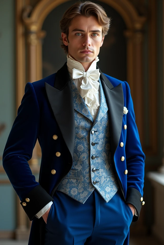 A handsome 30-year-old prince with blue eyes, light brown hair with blond tones, a little long and very white skin worthy of a prince., His face reflects the maturity of a strong man. His jaw is square and perfect. He has a perfect body., that reflects his athletic and muscular body wears a suit (Victorian year 1847 ) Royal blue velvet with black satin lapels and gold buttons. He wears a light blue vest with a brocade pattern, a white linen shirt ( victorian)  He wears a formal jacket with elbow patches (de seda victorian año 1847 ) dark blue. His tight pants ( Victorians) match with black leather boots ( victorians), displaying a regal and elegant bearing worthy of the nobility of Monaco 