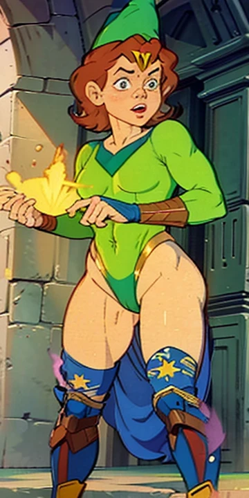 a redhead cartoon character, wonder woman outfit, green leotard, very muscular,  male wizard, 1980s cartoon, animated episode still, Presto (((mad))), ((Wears a wizard hat))