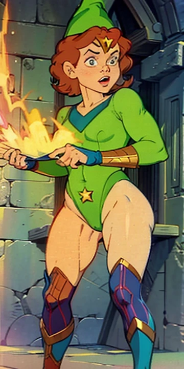 a redhead cartoon character, wonder woman outfit, green leotard, very muscular, male wizard, 1980s cartoon, animated episode still, Presto (((mad))), ((Wears a wizard hat))