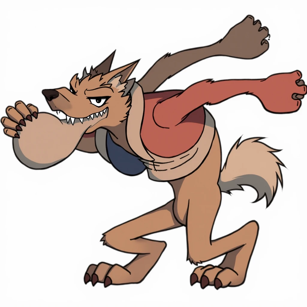create an anthropomorphic wolf wearing a red cape and a hoodie and blowing air forcefully