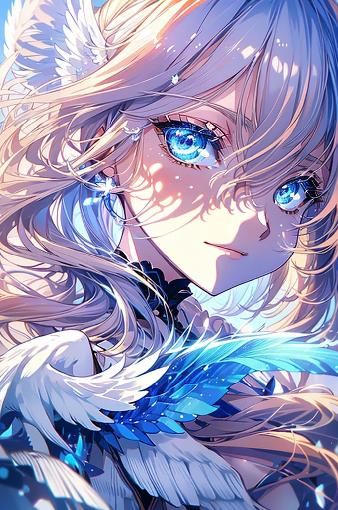 4K quality:1.2,Super beautiful illustration:1.2,seraphim,((6 white wings on the back)),blond,long hair styles,((Beautiful cobalt blue eyes:1.2)),sky