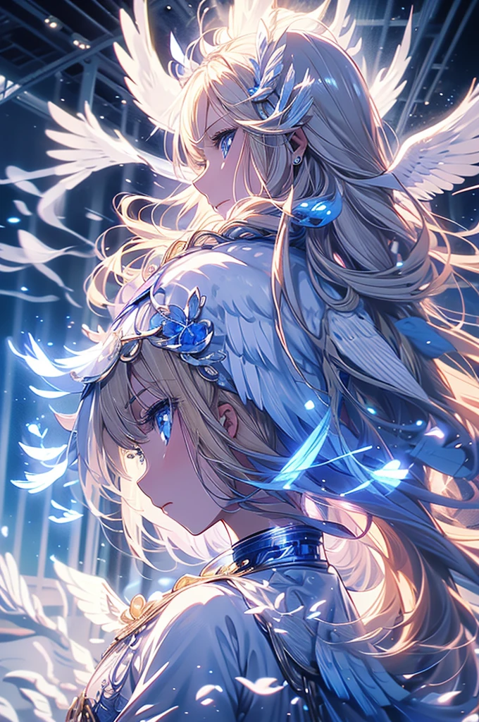 4K quality:1.2,Super beautiful illustration:1.2,seraphim,((6 white wings on the back)),blond,long hair styles,((Beautiful cobalt blue eyes:1.2)),sky