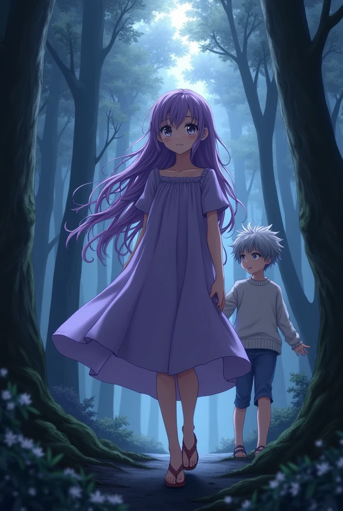 Anime character, female, light skin, long wavy light purple hair, white eyes, purple dress, dark scary forest background, walking aside with a silver hair, spiky hair, white sweater, light skin