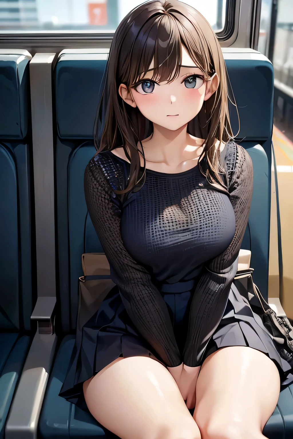 Woman sitting on train looking at mobile phone,masterpiece, Highest quality, High resolution,alone, Accurate human body、Knowledgeable person、Correct five-finger, skirt,Panty shot, Juicy legs, I can see your feet, Spread your legs, Beautiful legs, Long legs,, 細Long legs, Beautiful face with arms and legs, Full Leg