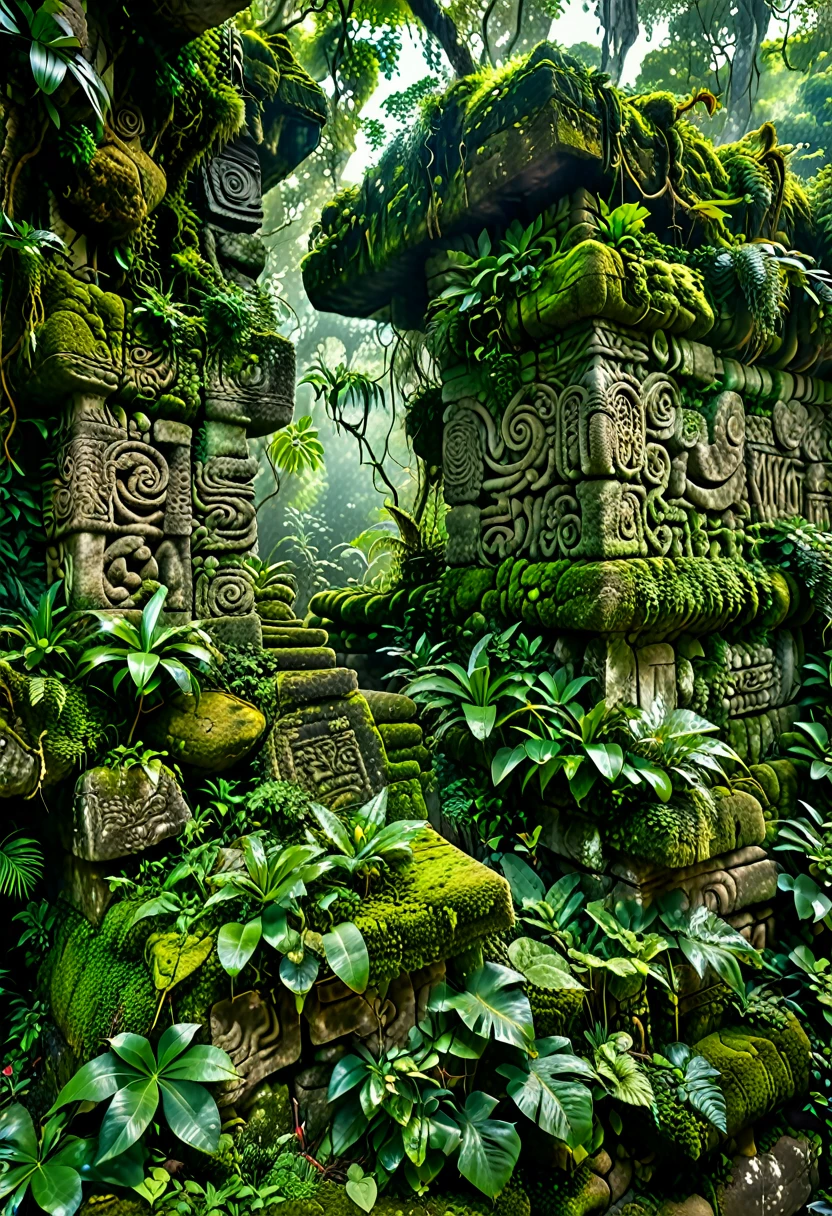 A photorealistic image of ancient Mayan ruins featuring a partially moss-covered stone wall, adorned with intricate carvings, symbols, and hieroglyphic writing that reflects the rich history and culture of the civilization. The wall is surrounded by lush Central American vegetation, including dense jungle plants, large leaves, vines, and tropical trees, creating a sense of mystery and reverence. Soft, natural lighting filters through the canopy above, casting gentle light on the textures of the moss, stone, and carvings, enhancing the serene and mystical atmosphere. Captured with a 50mm lens, in natural light, high resolution, and detailed with HDR quality.
