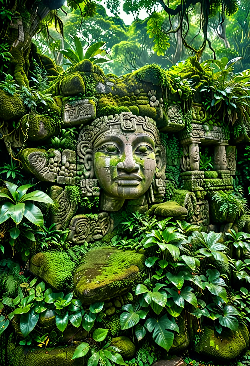 A photorealistic image of ancient Mayan ruins featuring a partially moss-covered stone wall, adorned with intricate carvings, symbols, and hieroglyphic writing that reflects the rich history and culture of the civilization. The wall is surrounded by lush Central American vegetation, including dense jungle plants, large leaves, vines, and tropical trees, creating a sense of mystery and reverence. Soft, natural lighting filters through the canopy above, casting gentle light on the textures of the moss, stone, and carvings, enhancing the serene and mystical atmosphere. Captured with a 50mm lens, in natural light, high resolution, and detailed with HDR quality.