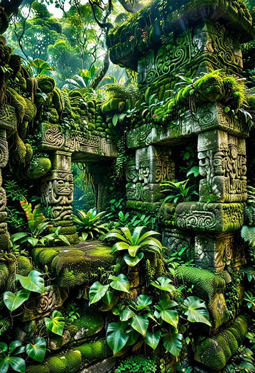 A photorealistic image of ancient Mayan ruins featuring a partially moss-covered stone wall, adorned with intricate carvings, symbols, and hieroglyphic writing that reflects the rich history and culture of the civilization. The wall is surrounded by lush Central American vegetation, including dense jungle plants, large leaves, vines, and tropical trees, creating a sense of mystery and reverence. Soft, natural lighting filters through the canopy above, casting gentle light on the textures of the moss, stone, and carvings, enhancing the serene and mystical atmosphere. Captured with a 50mm lens, in natural light, high resolution, and detailed with HDR quality.