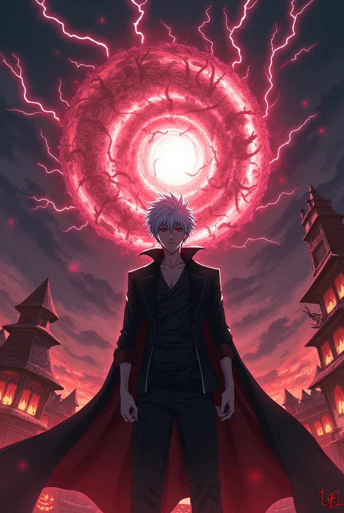 Evil Aizen with red eyes with  bankai with bleach hair destroying Soul Society's Halloween during night