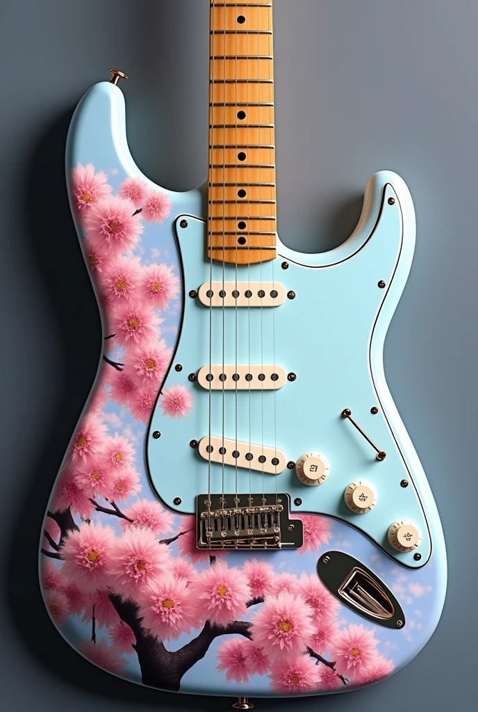 a stratocaster model guitar with a painting of Japanese sakura foliage and a light blue sky in the background, focusing on flowers. make the flowers more voluminous