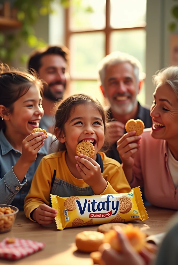 Happy people with a cookie wrapper that says vitafy
