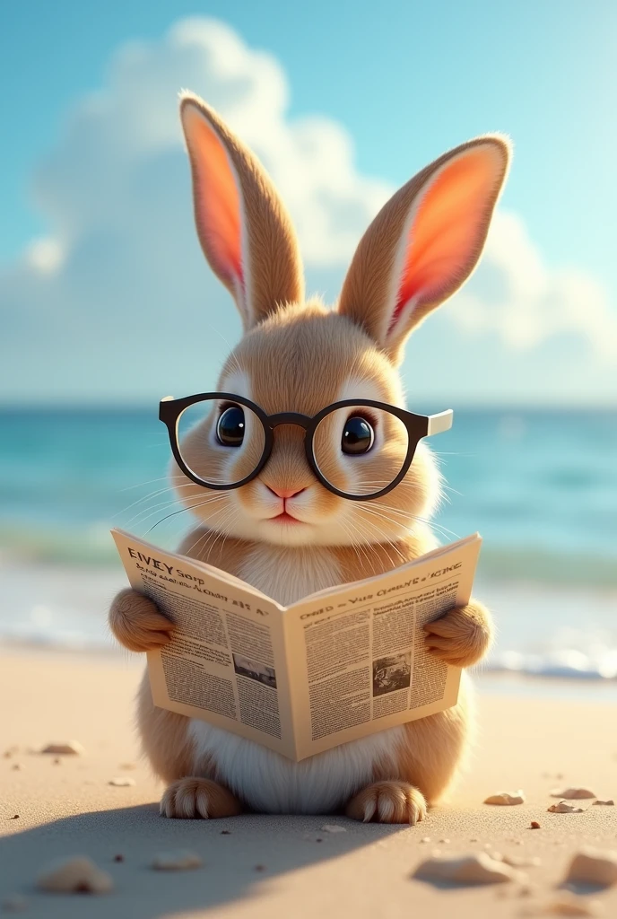 A rabbit with glasses reading the newspaper sitting on the seashore. hyperrealism, 8k,3D