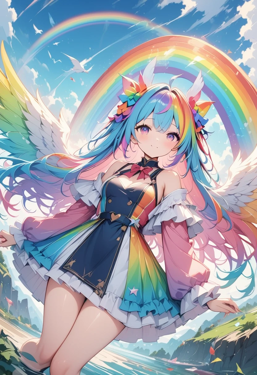 pale colors, ((Amazingly absurd)), ultra-high resolution, attention to the details, high qualiy, high resolution, Maximum quality, 4K, 8k, work of art, fantastic work, rainbow, rainbow hair, long hair, Anjo rainbow, Spread Wings Wide, ((Asas de rainbow tremulando)), beautiful angel, cute angel