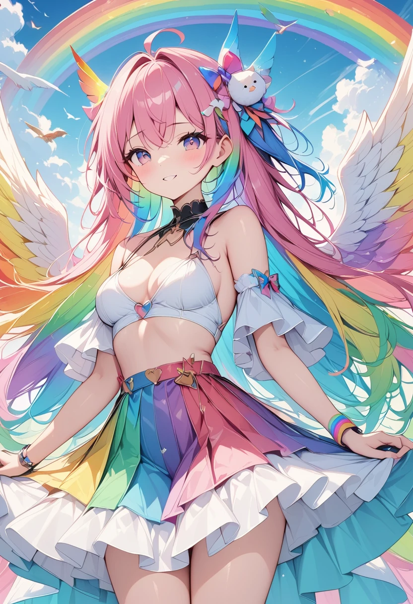 pale colors, ((Amazingly absurd)), ultra-high resolution, attention to the details, high qualiy, high resolution, Maximum quality, 4K, 8k, work of art, fantastic work, rainbow, rainbow hair, long hair, Anjo rainbow, Spread Wings Wide, ((Asas de rainbow tremulando)), beautiful angel, cute angel