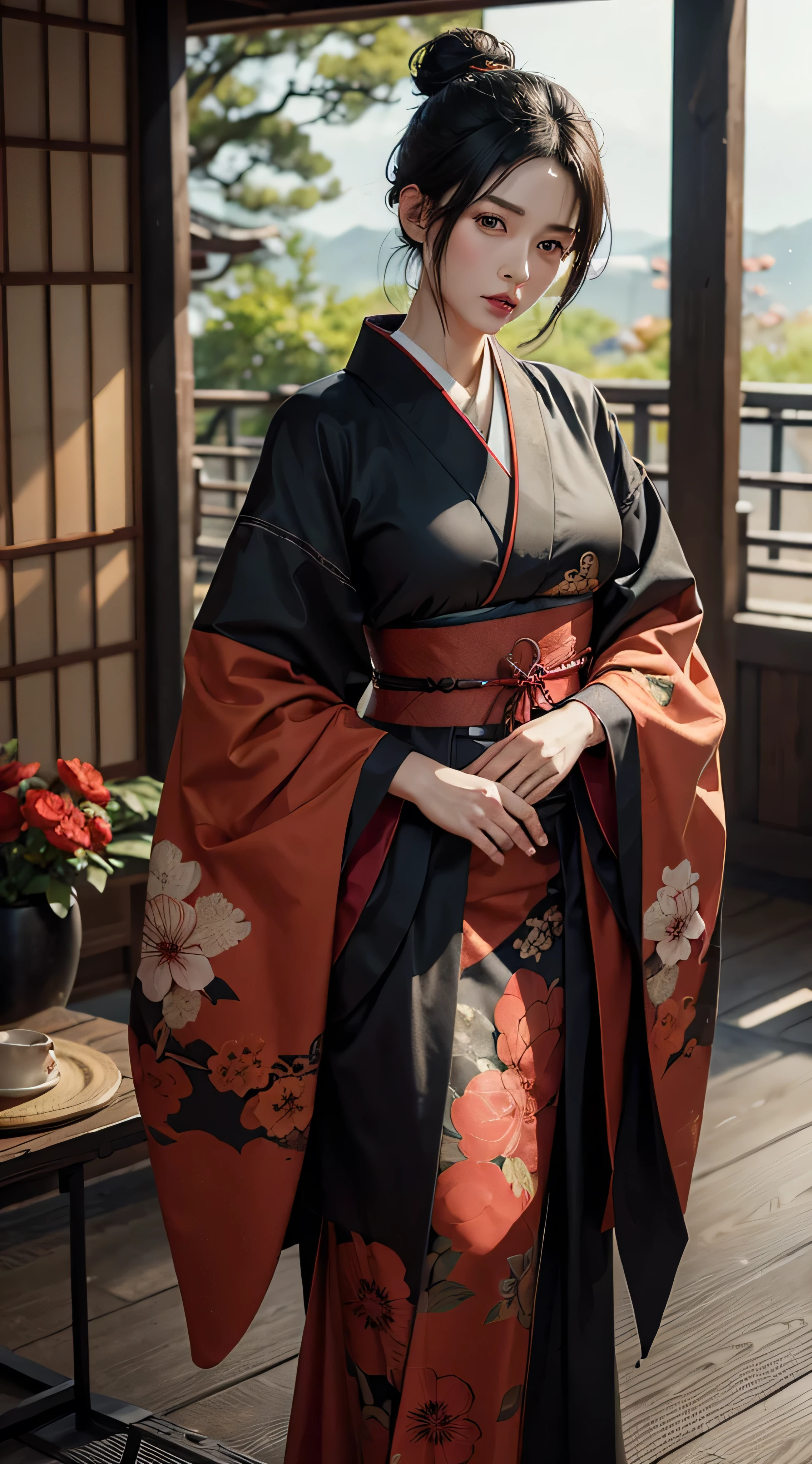 photorealistic, high resolution, 1women, mature female, solo, hips up, black hair, emma \(sekiro\), japanese clothes, kimono, single hair bun, haori, mature female
