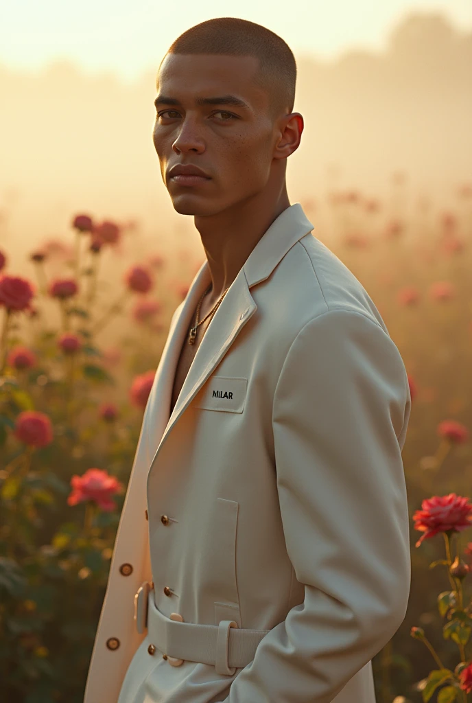 RAW photo ,fashion photoshoot, 1Man, ((same character, front, side, back )), ((full body: 1.4)), attractive 22years old mixed: Latino.2 white1, in spring, full of flower booming, flower fields, a lot of flower, morning light, detailed face and smooth skin, symmetric face, symmetric body, buzz cut hairstyle, aesthetic, moody tone, striking features, wearing, plain color cloth, without text, without label, cloth inspired by Christian Dior menswear spring collection 2022, (Male Focus), natural flesh tones, soft light, highly detailed, intricate details, dramatic composition, clean cut hair, realism, high-quality rendering, stunning art, high quality, film grain, photo-realistic, insanely detailed, face detail, hype maximalist, hype hyperrealism, cinematic, telephoto, lighting intricate details, highly detailed, highly detailed, digital painting, artstation, concept art, smooth, sharp focus, illustration, Unreal Engine 5, 8K, UHD, 8k, high quality, Fujifilm XT3, acne, blemishes, detailed skin, (freckled), rose garden with faint mist shrouded behind background, in the center of the screen, healthy skin, masterpiece, best quality, most handsome man in the world, -no bodybuilder, smooth belly, --no six pack,