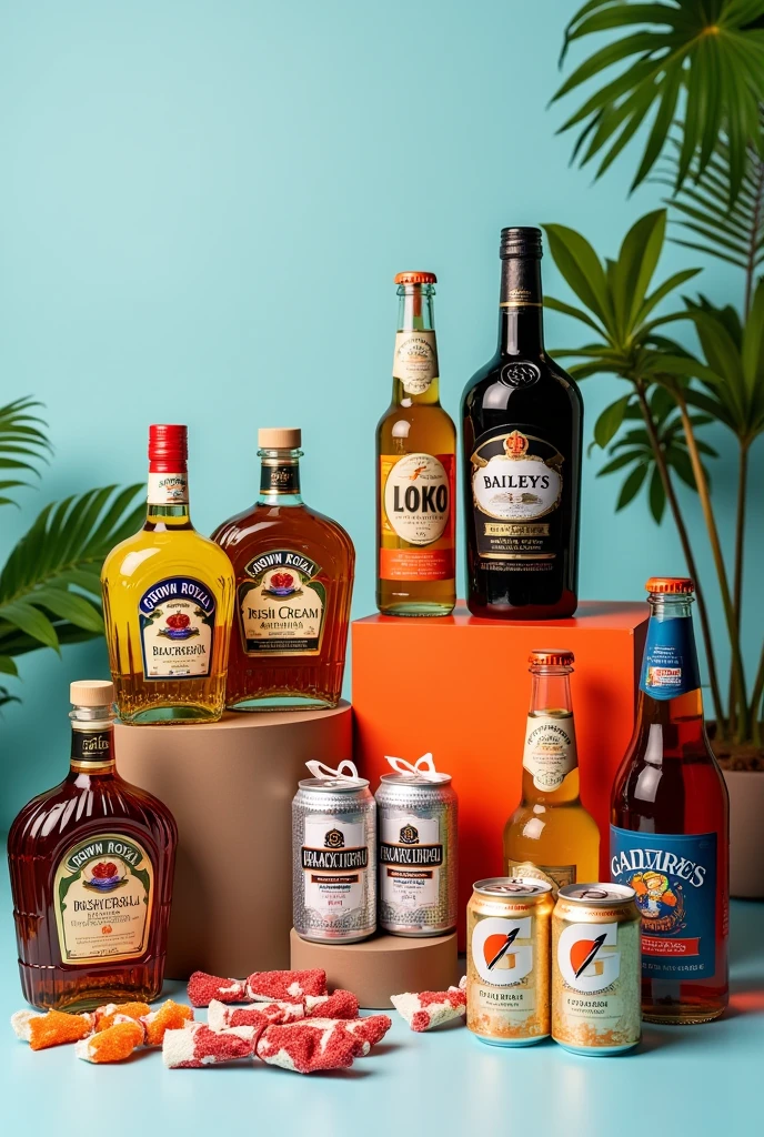 I need an image with the following products in a single image, for a raffle: 2, six pack of crown, baileys whiskey cream 375 ml, 1 liter of yellow brandy, black and white 375 ml edition, 2 fourlokos, 3 packs of gummies, 3 gatorades 500 ml.