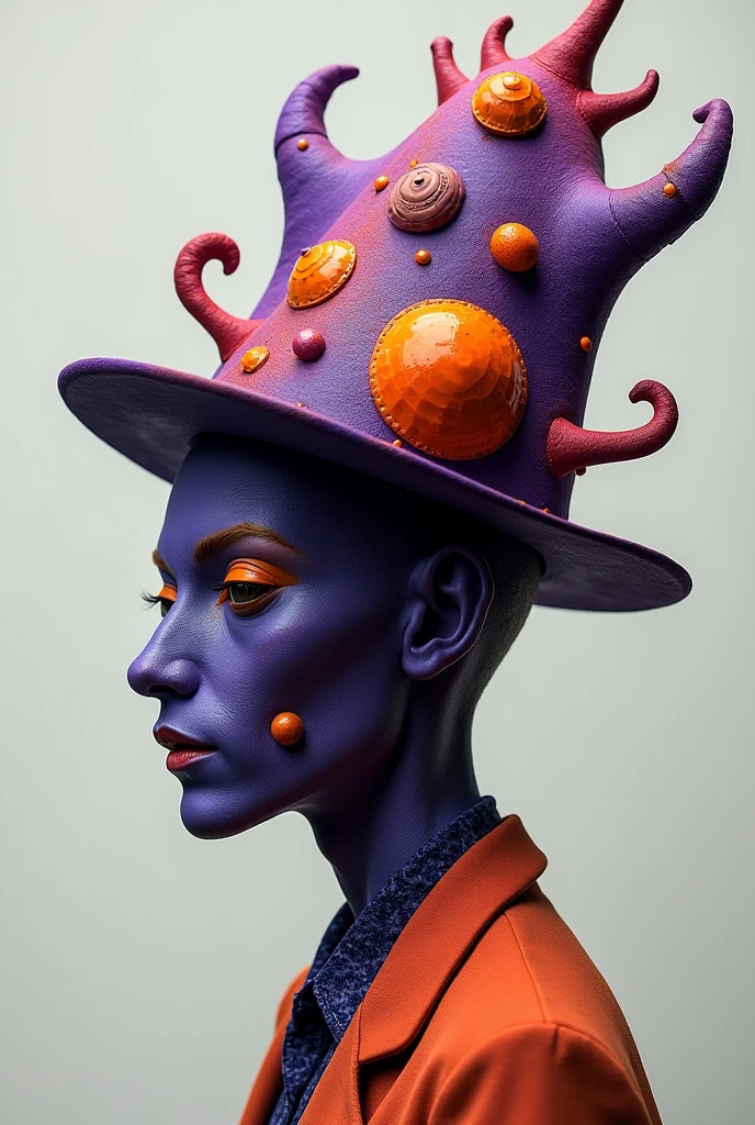 Just a hat for people, WITHOUT A PERSON, that is different, strange and kind of ugly in shades of purple and orange it has to be something that men could use (ONLY THE HAT AS IT COULD BE SELL ON A SHOP)