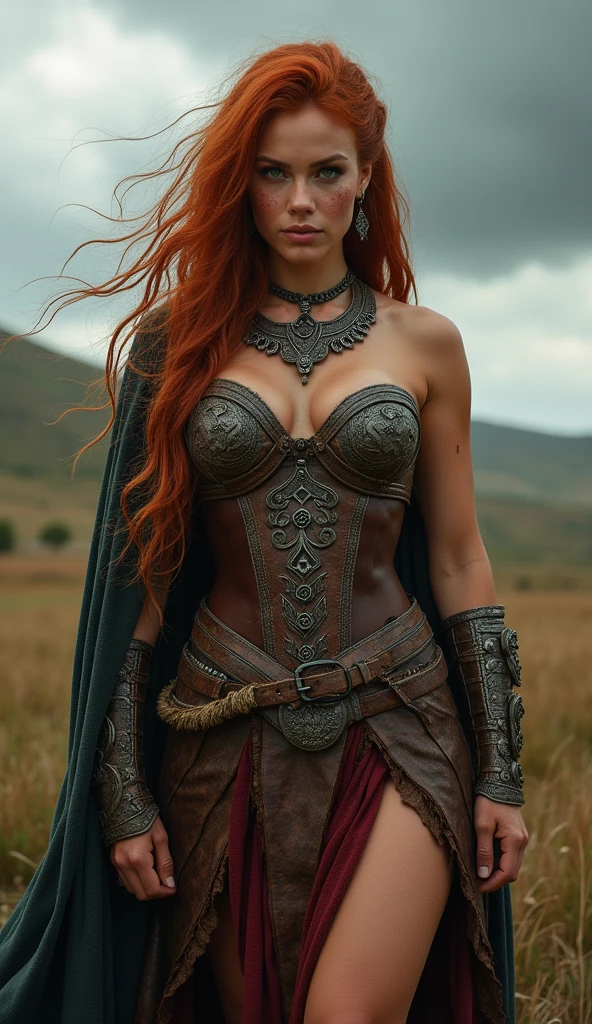 Create an ultra-realistic full-body portrait of Boudica, the legendary queen of the Iceni tribe. Boudica is depicted with a striking, powerful physique, emphasizing her athletic and warrior-like build. She has a small waist and strong, defined arms, symbolizing her physical strength and leadership. Her skin is fair, with a subtle, natural glow that reflects her vitality.

Her hair is a wild, fiery red, cascading down her back in loose waves, adding to her fierce and untamed appearance. Her eyes are a piercing shade of green, filled with intensity and determination, reflecting her resolve to defend her people. Her lips are full and slightly parted, showing a mix of defiance and command.

Boudica is dressed in sexy Celtic warrior attire, including a form-fitting, leather corset that accentuates her small waist and her big breasts, and a long, flowing cloak adorned with intricate patterns and tribal symbols. She wears a metal torque around her neck, a symbol of her nobility and status as a leader. The background is a rugged, windswept landscape of ancient Britain, with stormy skies adding to the dramatic atmosphere. The overall scene captures Boudica's strength, beauty, and indomitable spirit as the fierce queen who dared to challenge the Roman Empire