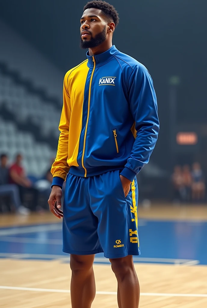 Blue and yellow basketball warm-up clothing, modern style for men, name brand "KANIX"