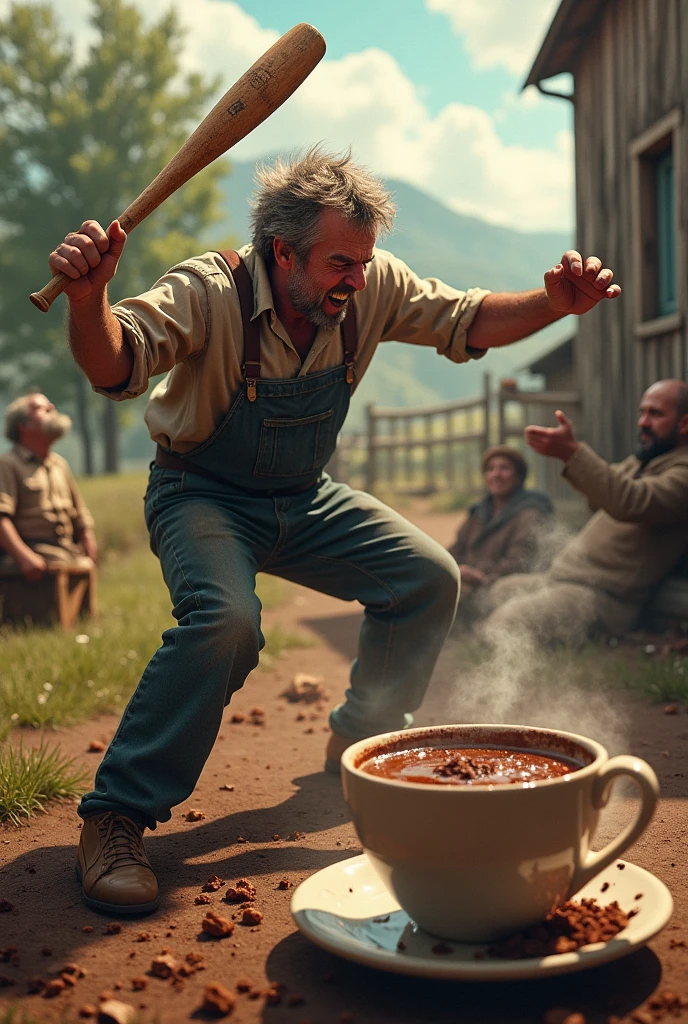 The owner of the farm is beating like a bat,
And there is also a large cup of chocolate next to it and a man is sitting next to it, enjoying it..

