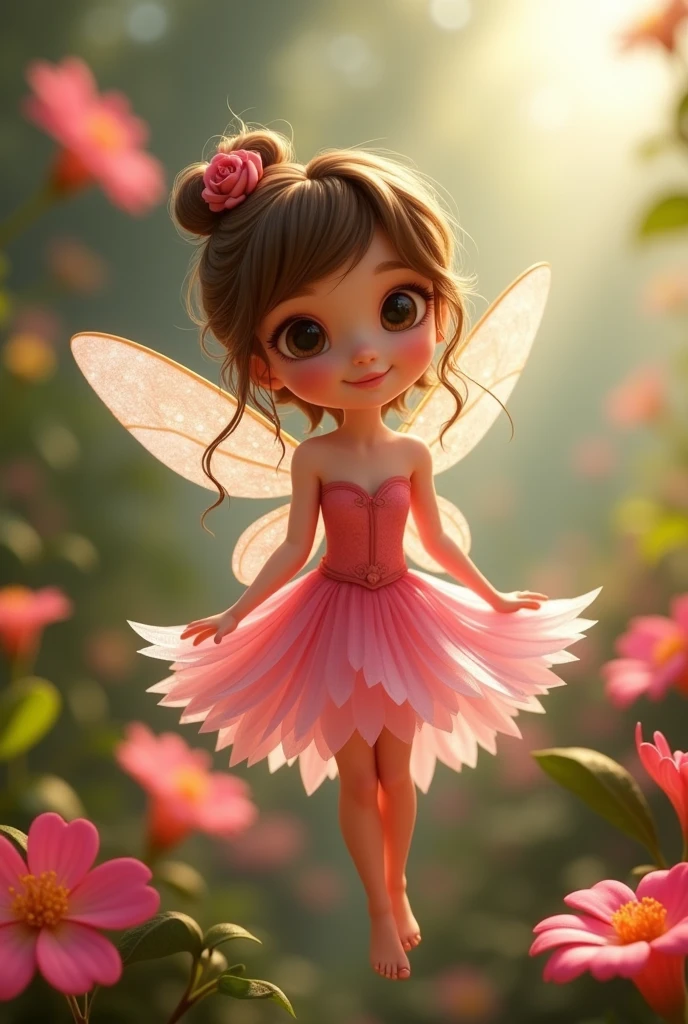 Image with the magic of Pixar, Tinkerbell's Friend Rosette, a white fairy with loose brown hair and dark brown eyes , dress made of a pink flower and transparent wings