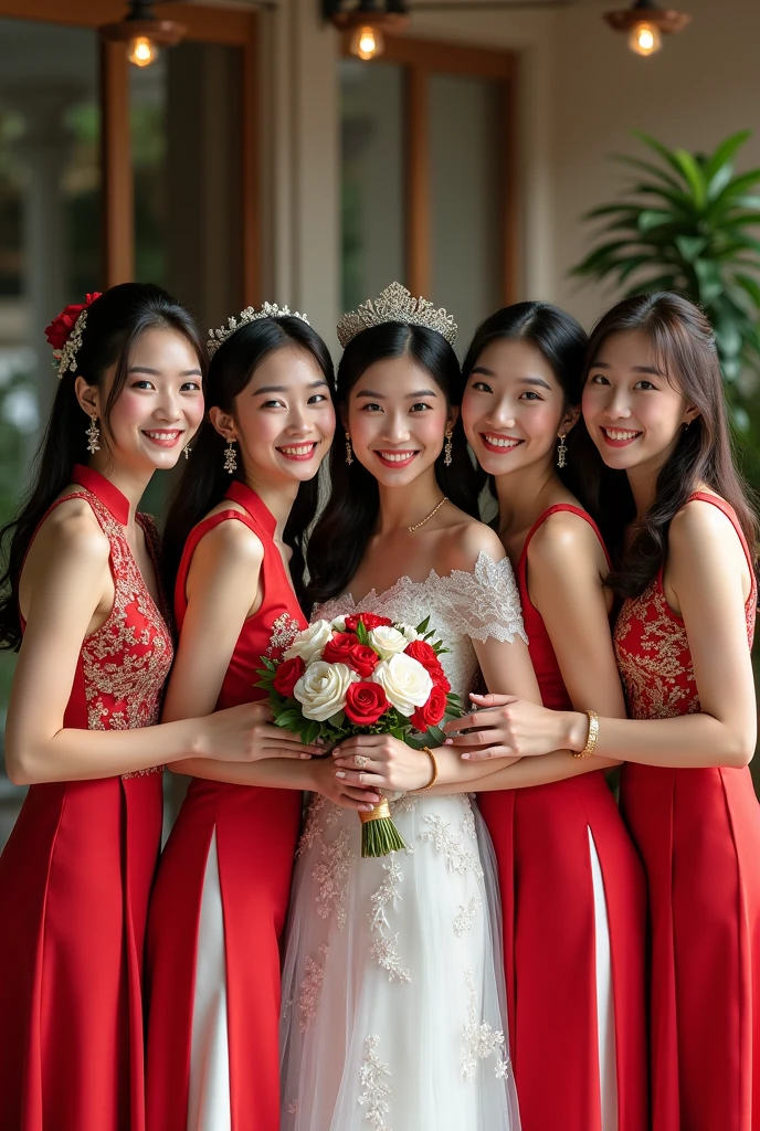 Six beautiful young women. The first young woman is of Thai nationality, 18 years old, wearing a Thai national wedding dress. The second young woman is of Lao nationality, 1, wearing a Lao national wedding dress. The third young woman is of Japanese nationality, 1, wearing a Japanese national wedding dress. The fourth young woman is of Korean nationality, 20 years old, wearing a Korean national wedding dress. The fifth young woman is of Taiwanese nationality, 2, wearing a Taiwanese national wedding dress. The sixth young woman is of British nationality, 2, wearing an English national dress, are about to get married. The bride is smiling and happy.