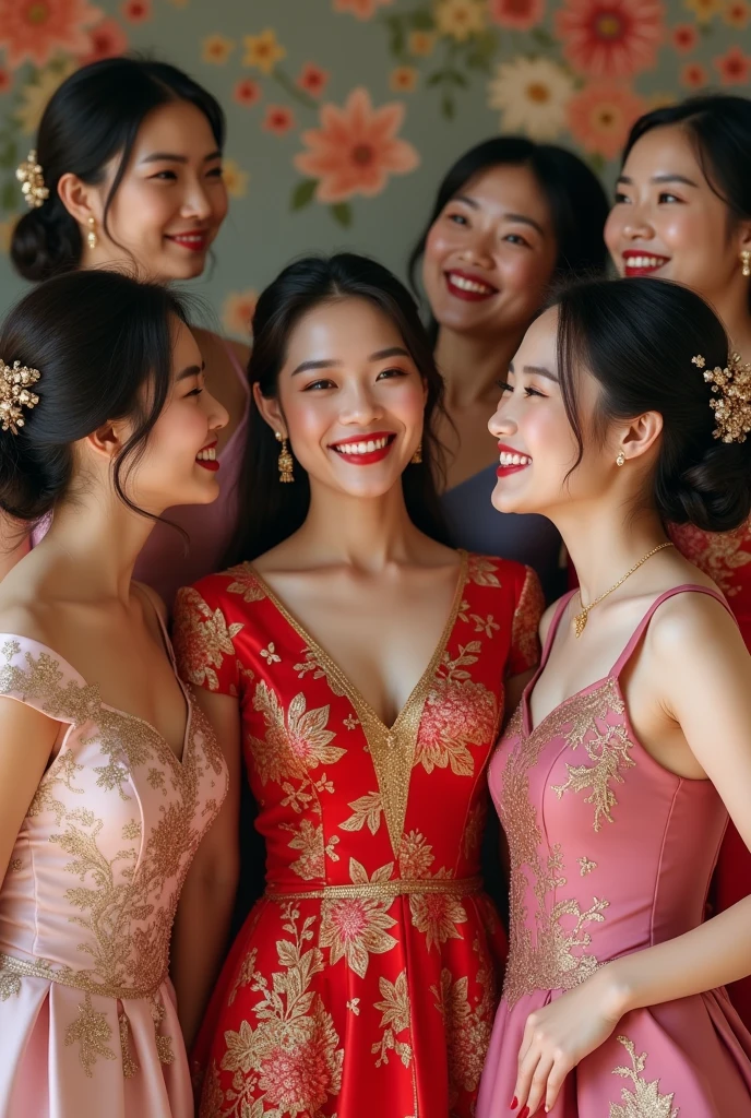 Six beautiful young women. The first young woman is of Thai nationality, 18 years old, wearing a Thai national wedding dress. The second young woman is of Lao nationality, 1, wearing a Lao national wedding dress. The third young woman is of Japanese nationality, 1, wearing a Japanese national wedding dress. The fourth young woman is of Korean nationality, 20 years old, wearing a Korean national wedding dress. The fifth young woman is of Taiwanese nationality, 2, wearing a Taiwanese national wedding dress. The sixth young woman is of British nationality, 2, wearing an English national dress, are about to get married. The bride is smiling and happy.