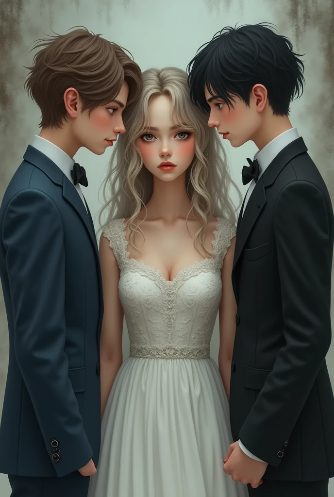 A girl with light hair and blue eyes dressed as a bride but her face looks somewhat sad, On one side is a boy with brown hair and dark eyes, on the other side is a boy with black hair and gray eyes.,AbsoluteRealIndian the boys facing forward and adults looking mad sexy the boy on the left side dressed in blue and the other in black