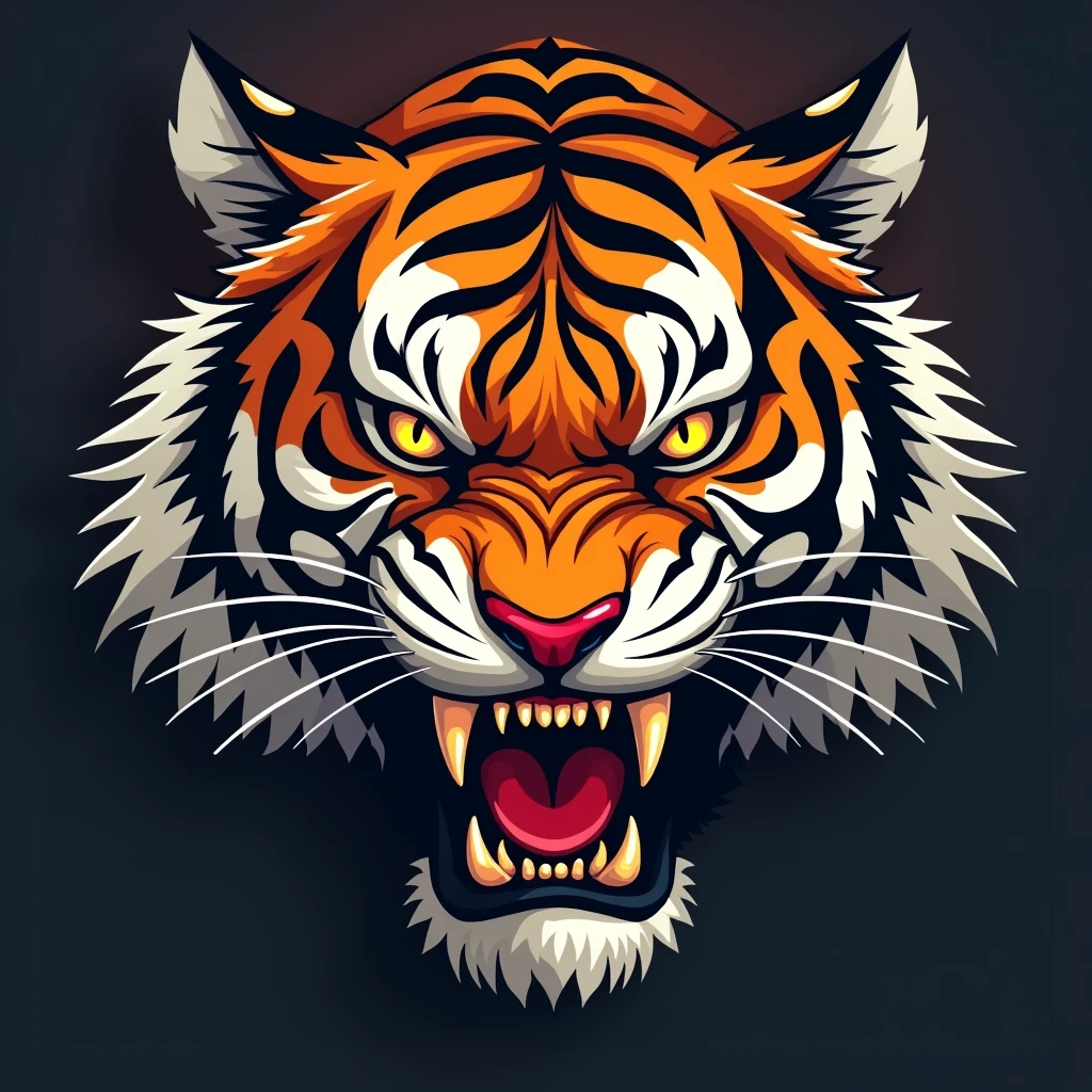 A close-up, stylized illustration of a fierce tiger's face, showing intense anger and power. The tiger has sharp, piercing eyes glowing with rage, bared teeth, and a menacing snarl. The fur is detailed with contrasting shades of orange, black, and white, with prominent stripes that add to the aggressive look. The background is a minimal gradient of dark tones. The overall style is bold and dynamic.