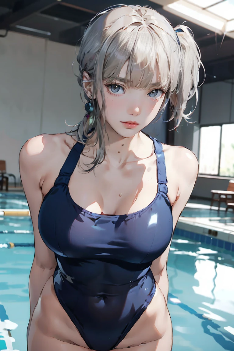 (masterpiece,Highest quality,Ultra-high resolution),Japanese women, (((Very clean))), Silver Hair､ ((Beautiful low ponytail)), Very cute face, Glossy Lips, Large Breasts、 Natural Makeup, Long eyelashes, Shiny and smooth hair､Center image, Perfect limbs, Perfect Anatomy,(((Navy school swimsuit)))、((See through)),Sweat,tall,Pool