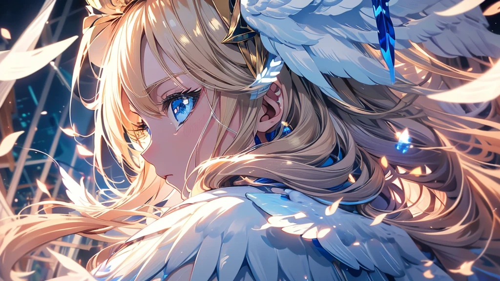 4K quality:1.2,Super beautiful illustration:1.2,seraphim,((6 white wings on the back)),blond,long hair styles,((Beautiful cobalt blue eyes:1.2)),sky