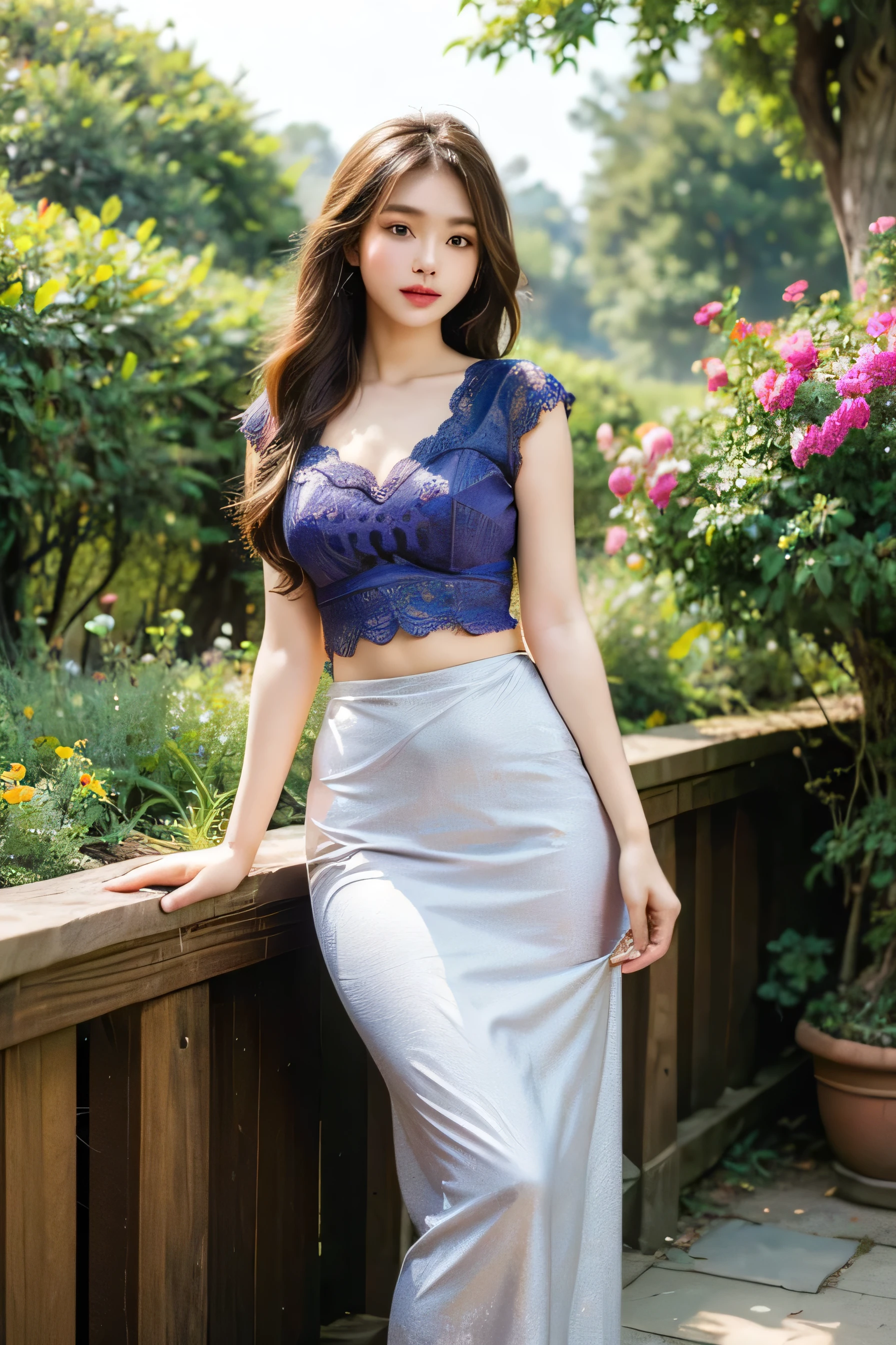 1 girl, solo, seductive look, sensual, elegance and charm, (masterpiece, best quality, high resolution:1.2), looking at the viewer, standing, (intricate and beautiful:1.2), (detailed light:1.2), (soft light , side light), (high resolution textures), outdoor, Burmese girl, wearing lace push up bra, wearing acmm long skirt, pink acmm long skirt, printed skirt, garden with flowers background, sun light, ((feminine curves)), attractive, Burmese.,acmm ss outfit ,Myanmar, Burmese, girl.