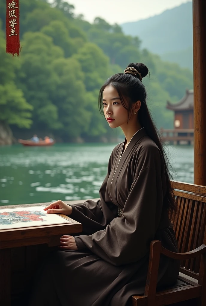 A beautiful young woman with a fierce expression, dressed in the dark brown dress of a Han Dynasty official, sat in a cabin on a boat that was sailing away from a large wooden house in the forest. She looked at the painting on the table in front of her with delight. The atmosphere of the wide river and forest on both sides behind the wooden house was vaguely visible.