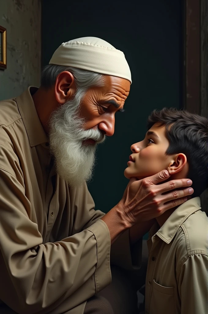 A Muslim man is saying something to his son as he dies
