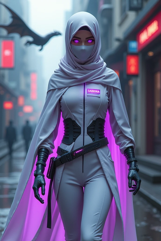 a female named Sabrina like ninja around , Muslim niqabis, mask her face, No hair. wearing tech armor cloak, cloak white combine with purple glowing color. purple eye color, white skin tone. add Mata Dragon at upper left screen, slim body, holding katana, cyberpunk, large size name tag on left breast, add Sabrina on name tag, walking toward camera. she serious, Background at Malaysia