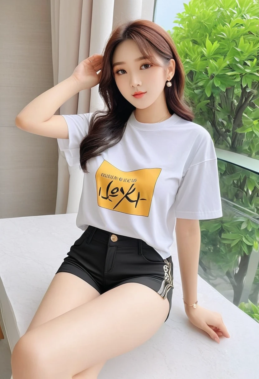 (((high quality:1.2))), Work of art, (8k), extremely detailed, ((High detail:1.2)) ((best resolution)), (HotLexi), Solo, ((Korean Ulzzang female)), (T-shirt, mini-shorts), (hot perfect hourglass-shaped body),